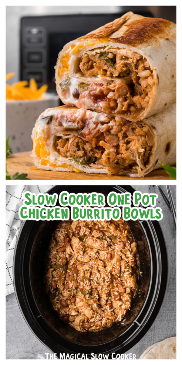 Images of chicken burritos with text overlay.