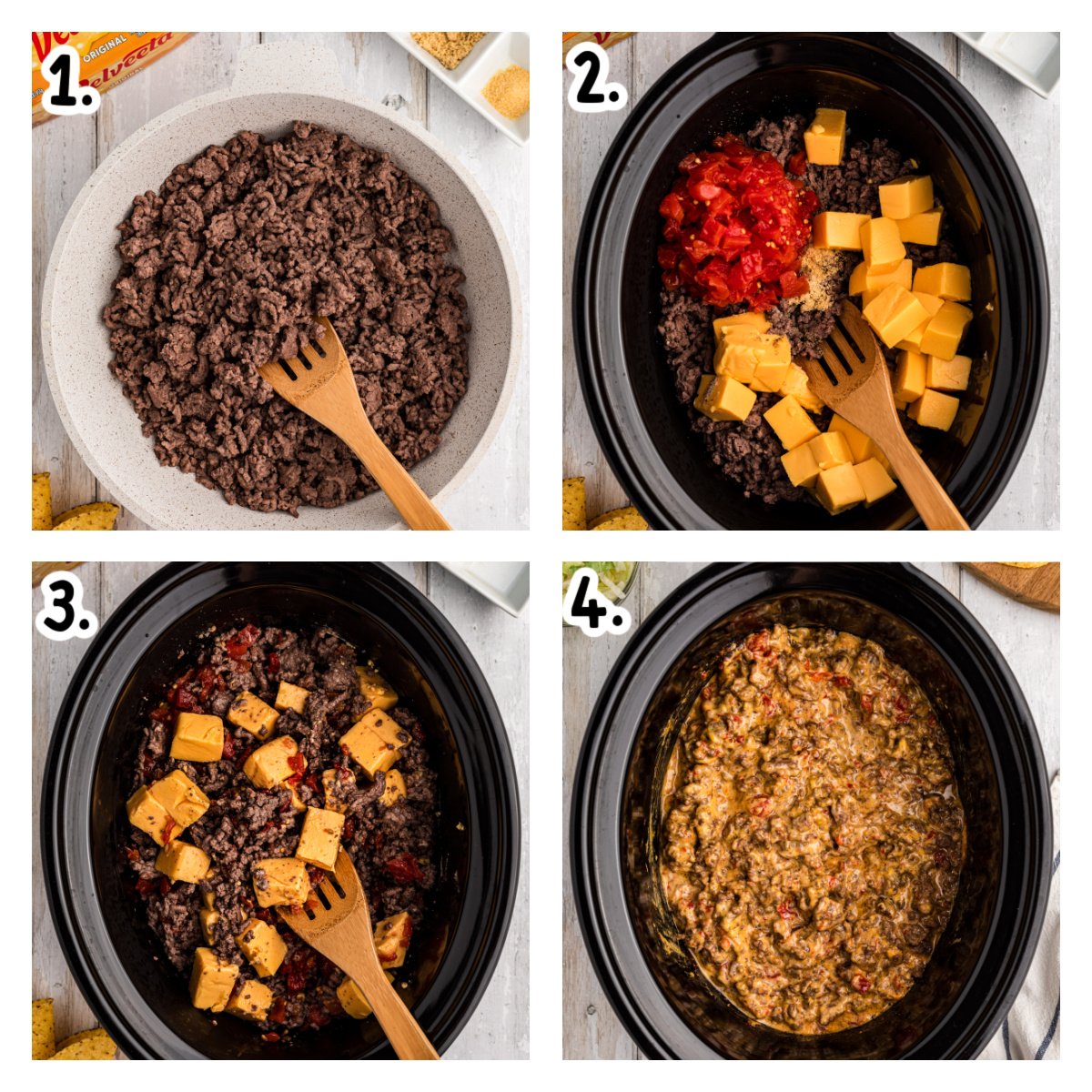 Four images showing how to make rotel tacos in a slow cooker.