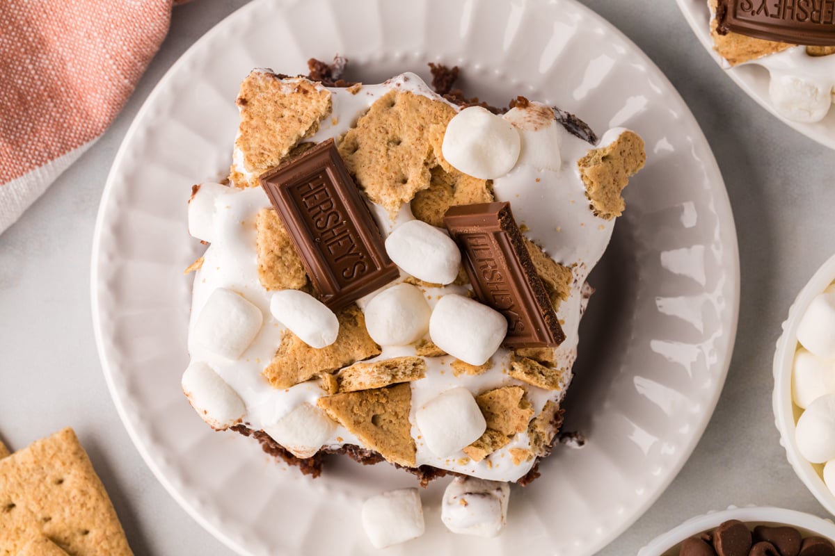 overhead shot of a slice of s'mores cake.