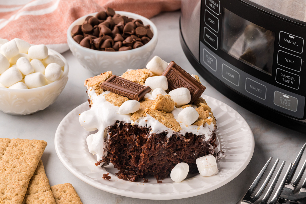 S'mores cake on a plate in front of a slow cooker.