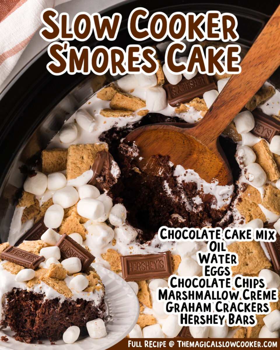images of smores cake with text overlay of ingredients.