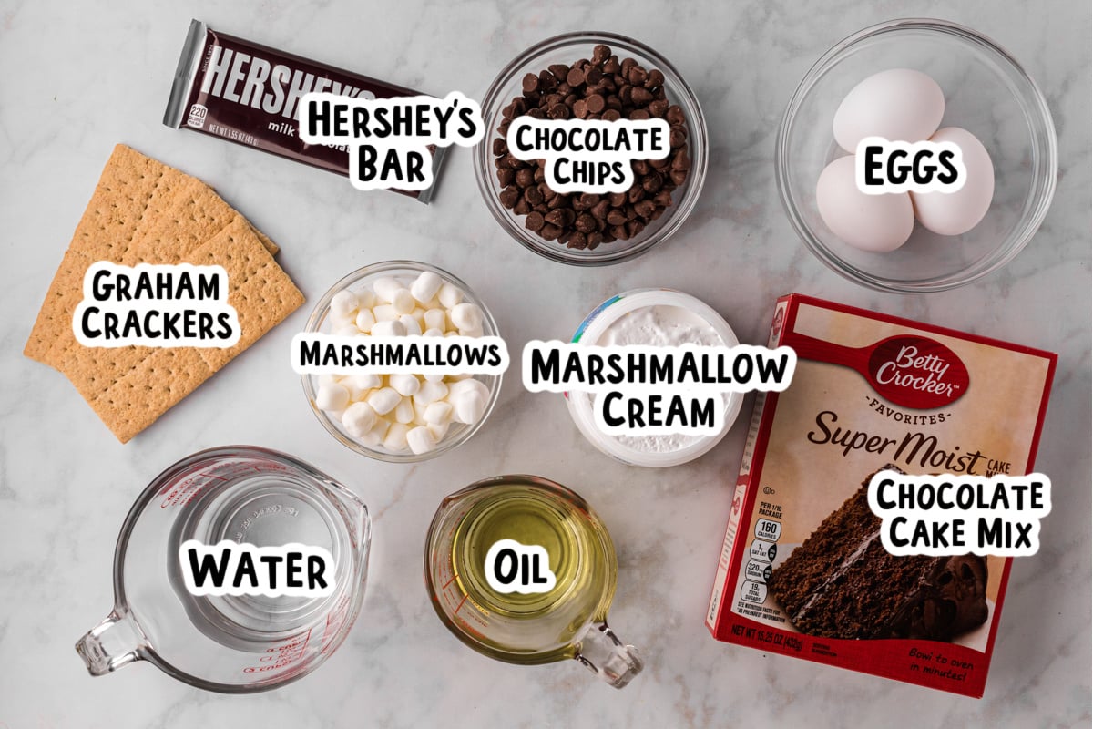 Ingredients for smores cake on a table.