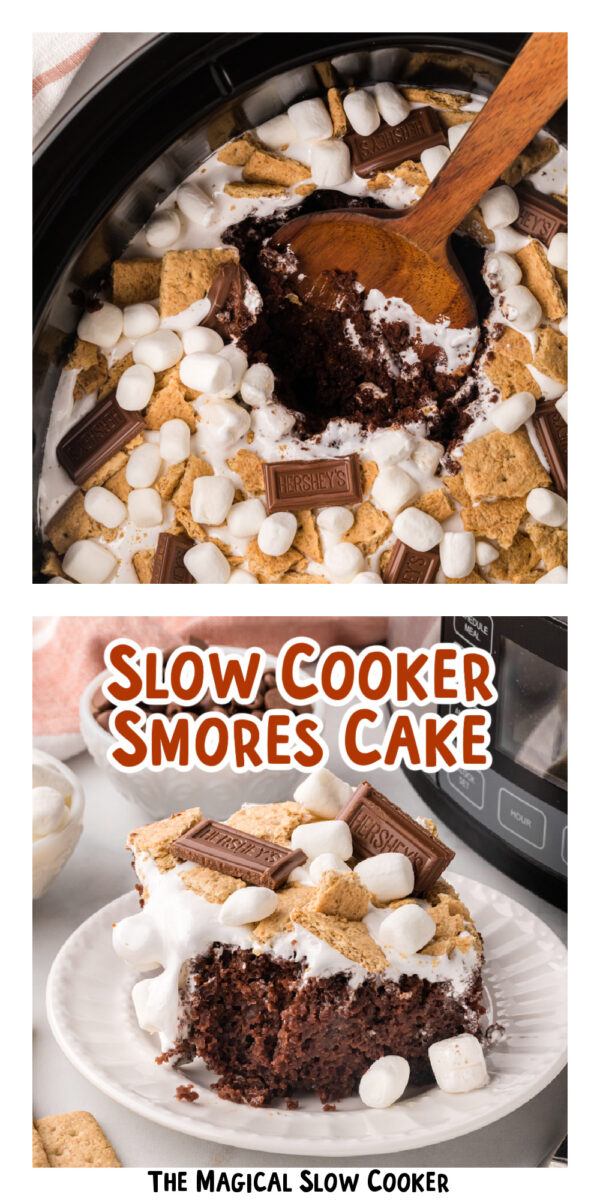 2 images of smores cake for pinterest.
