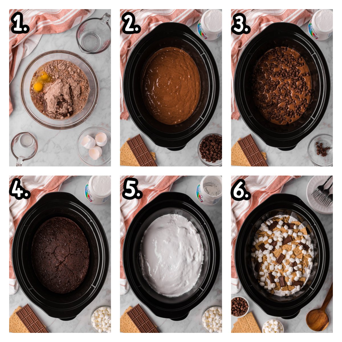 Six images showing how to make smores cake in a slow cooker.