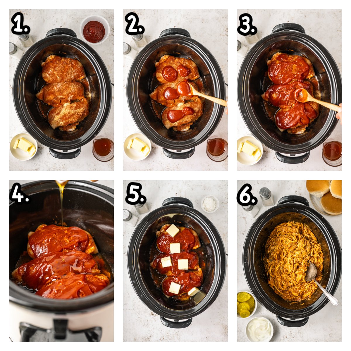 Six images showing how to make hot honey chicken sandwiches in a crockpot.