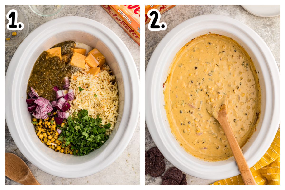2 images showing how to make street corn dip.