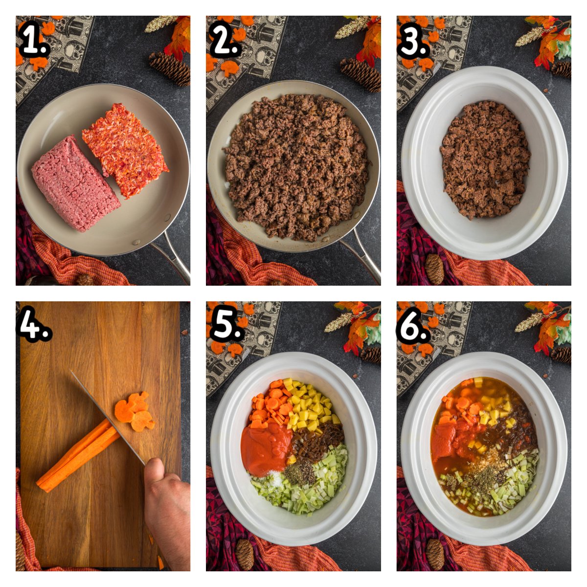 Six images showing how to start witches brew stew in a slow cooker.