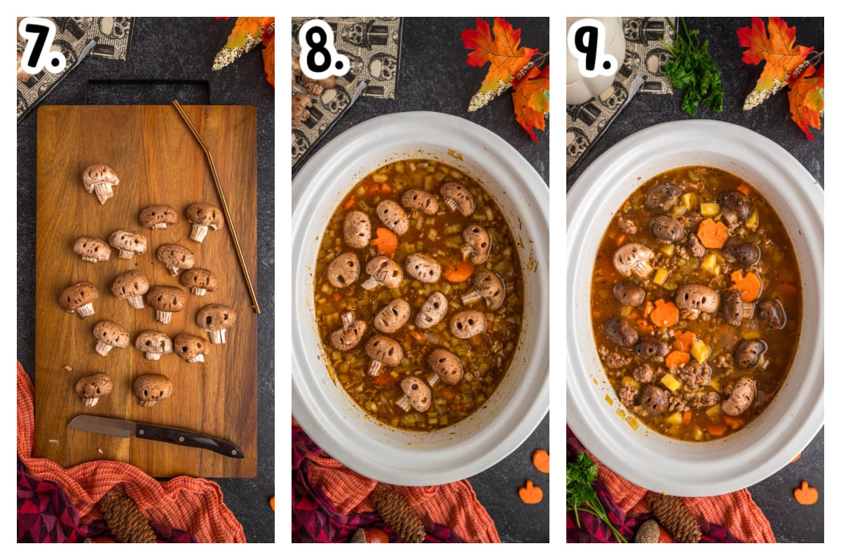 Three images showing how to finish witches brew stew in a slow cooker.