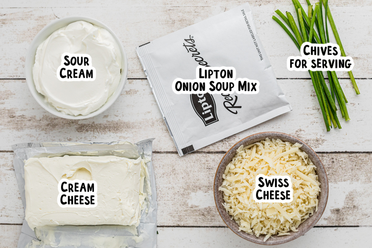 Ingredients for french onion dip on a table with text labels.