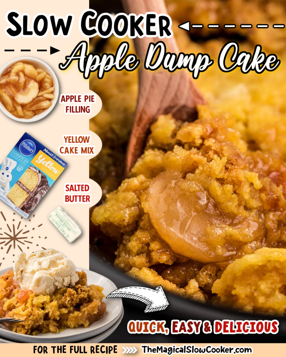 Images of apple dump cake withe text of the ingredients for facebook and pinterest.