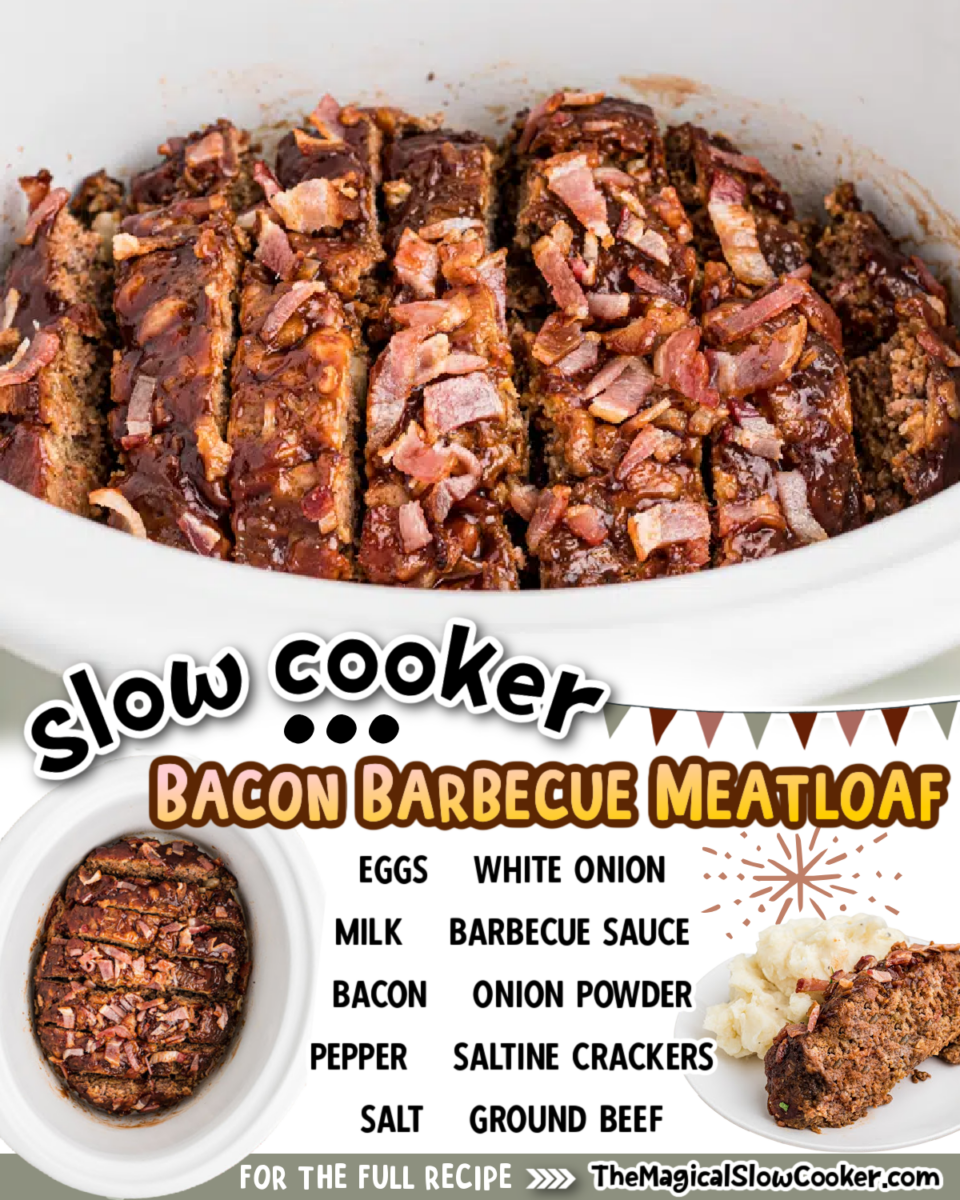 Bacon barbecue meatloaf images text of the ingredients for facebook and pinterest.