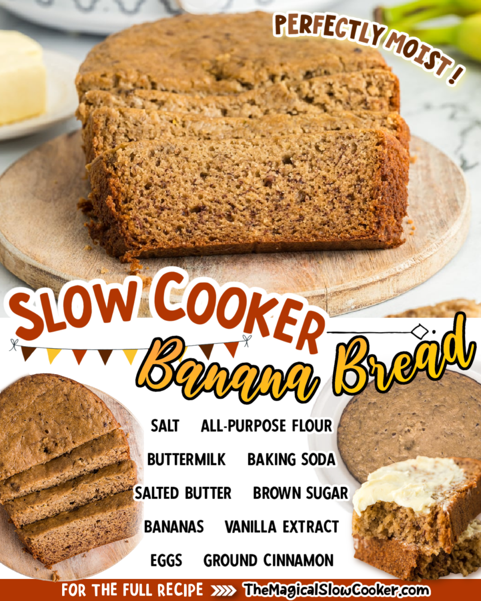 Banana bread images text of the ingredients for facebook and pinterest.