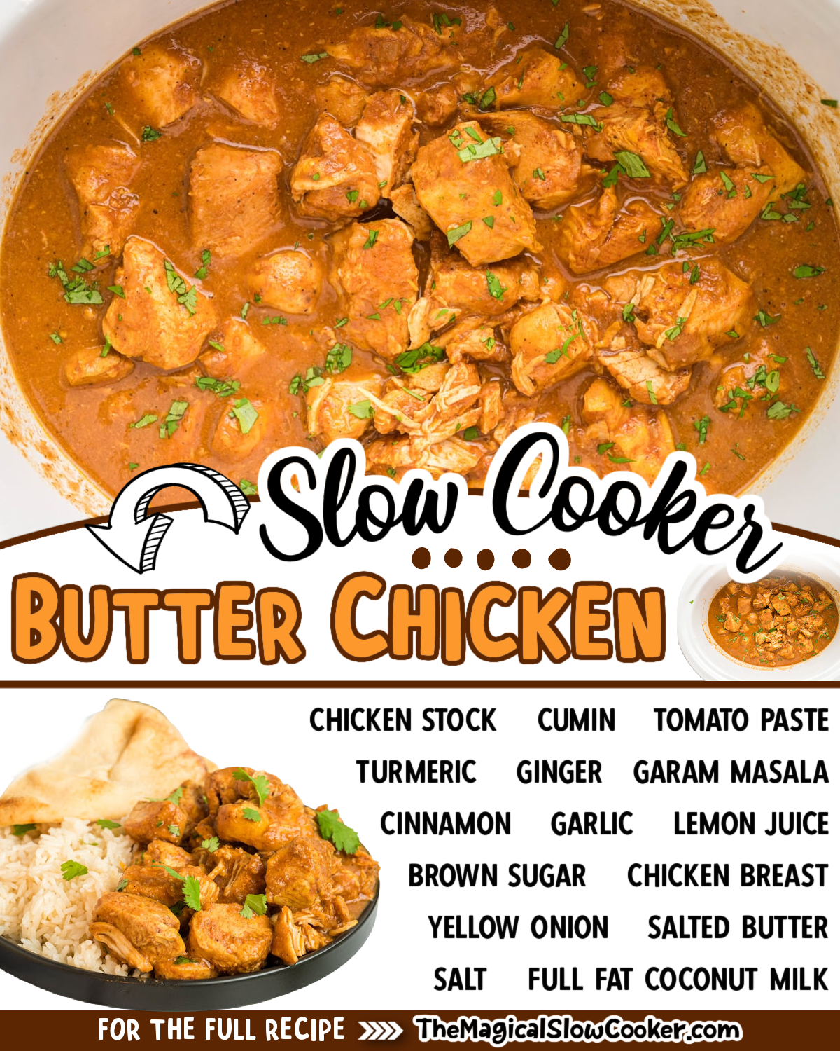 Butter Chicken images text of the ingredients for facebook and pinterest.
