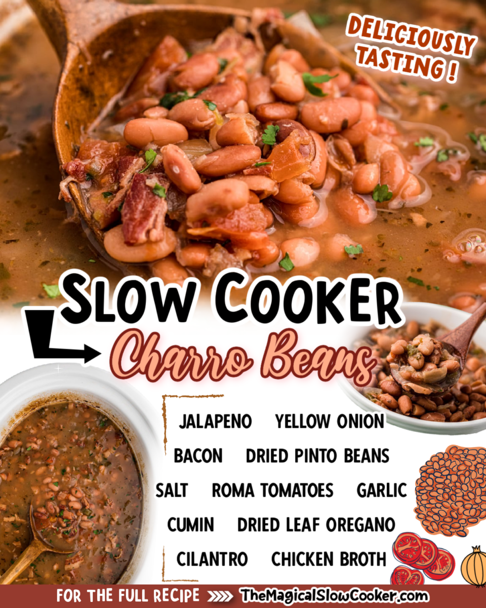 Charro beans images text of the ingredients for facebook and pinterest.