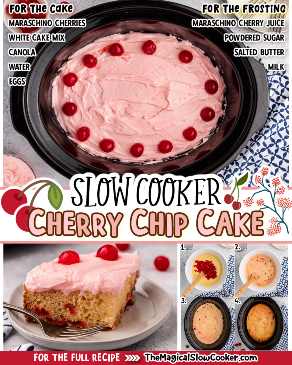 Cherry chip cake images text of the ingredients for facebook and pinterest.