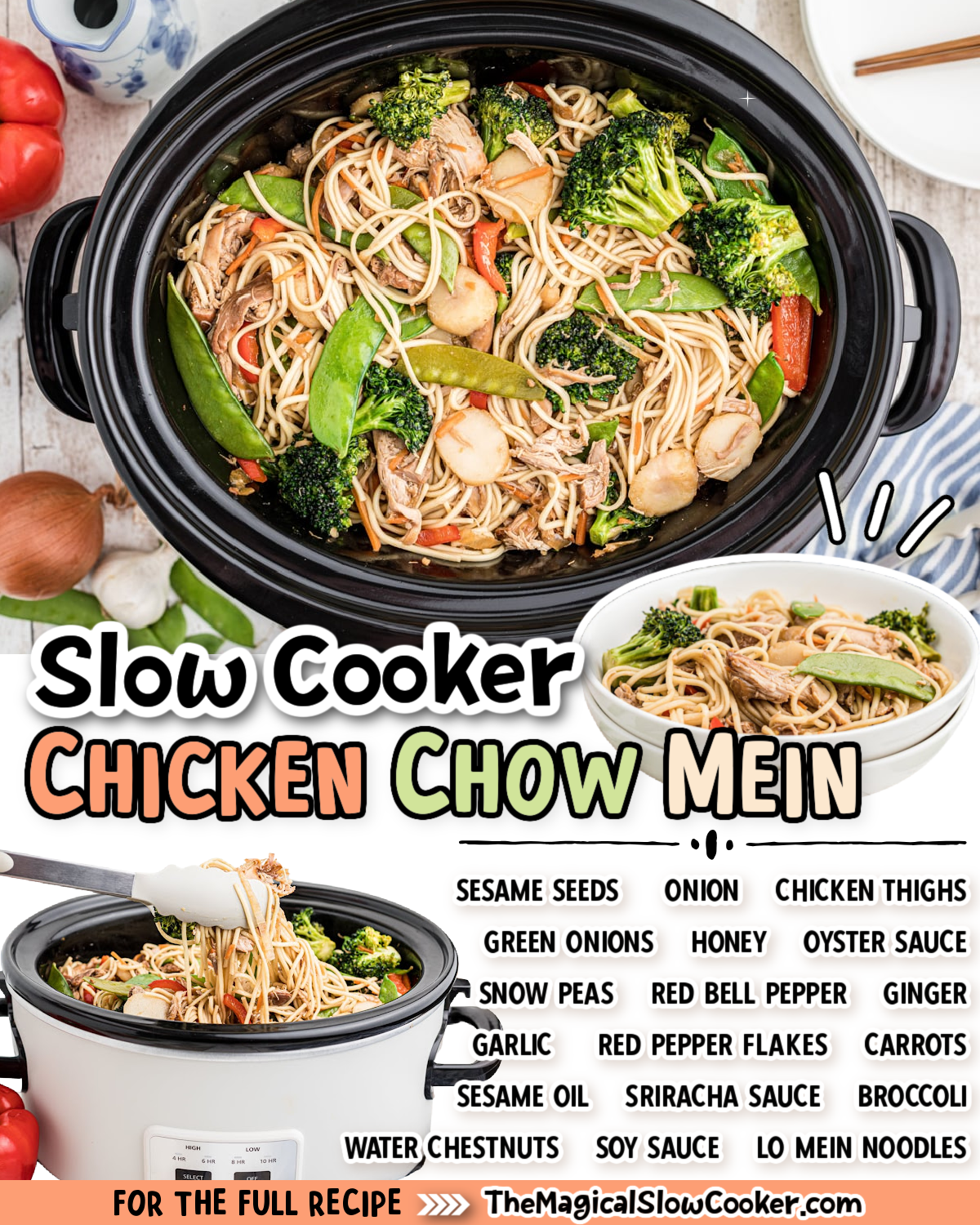 Chicken chow mein images text of the ingredients for facebook and pinterest.