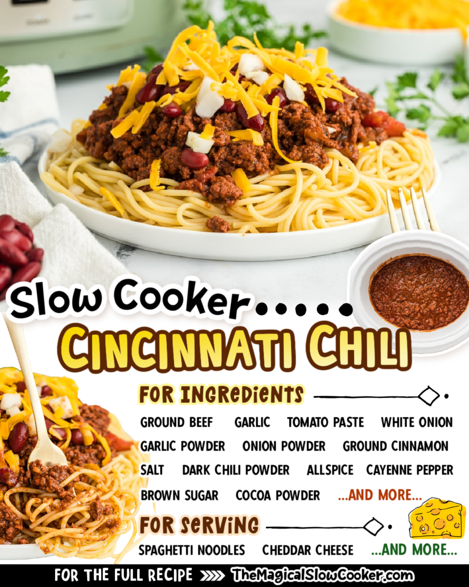 Cincinnati chili images text of the ingredients for facebook and pinterest.