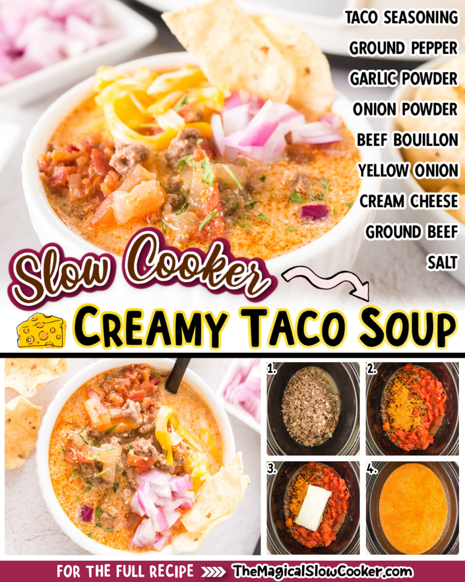 Creamy taco soup images text of the ingredients for facebook and pinterest.
