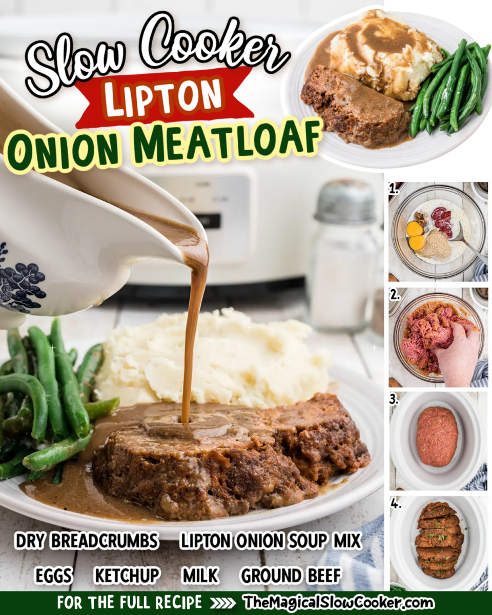 Lipton onion meatloaf images text of the ingredients for facebook and pinterest.