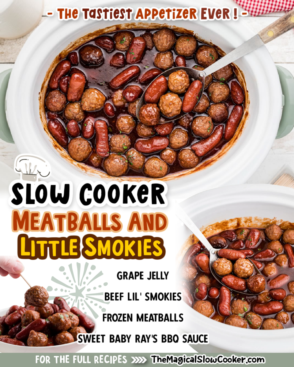 Meatballs and little smokies images text of the ingredients for facebook and pinterest.