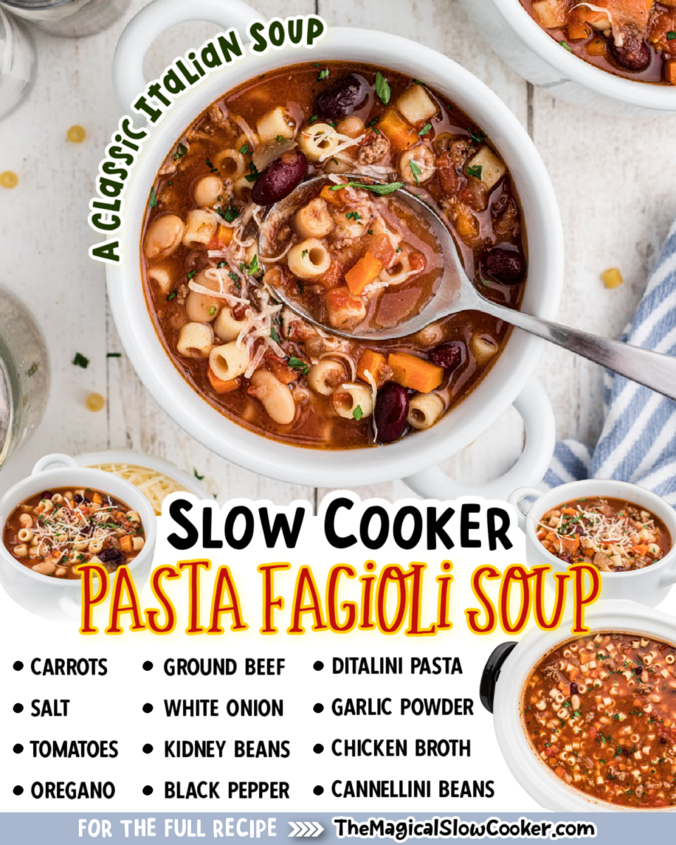 Pasta fagioli soup images text of the ingredients for facebook and pinterest.