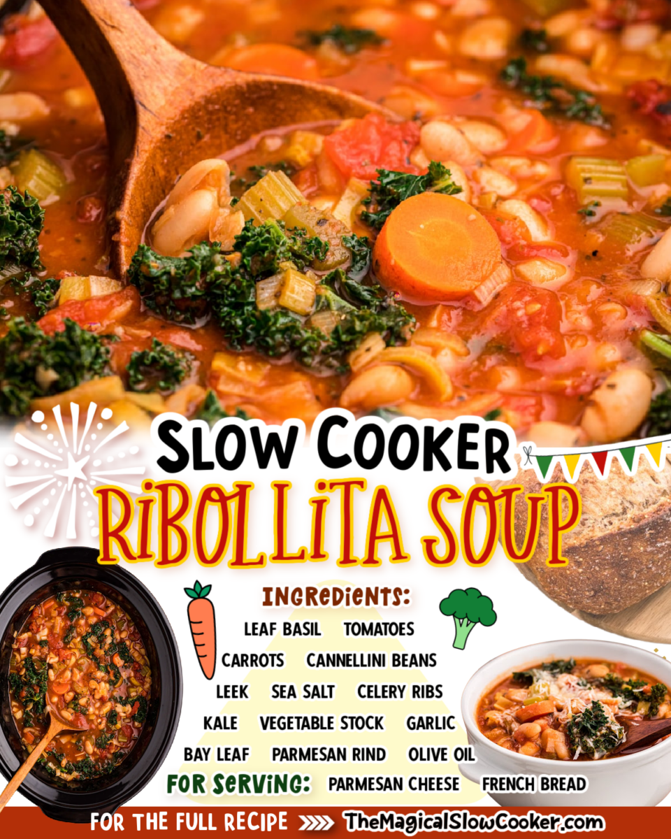 Ribollita soup images text of the ingredients for facebook and pinterest.
