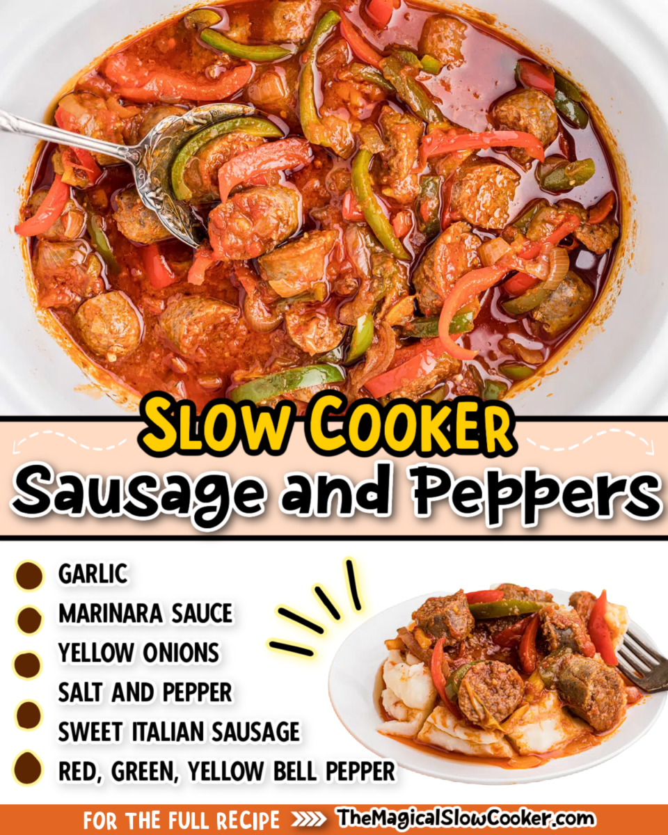 Sausage and peppers images text of the ingredients for facebook and pinterest.