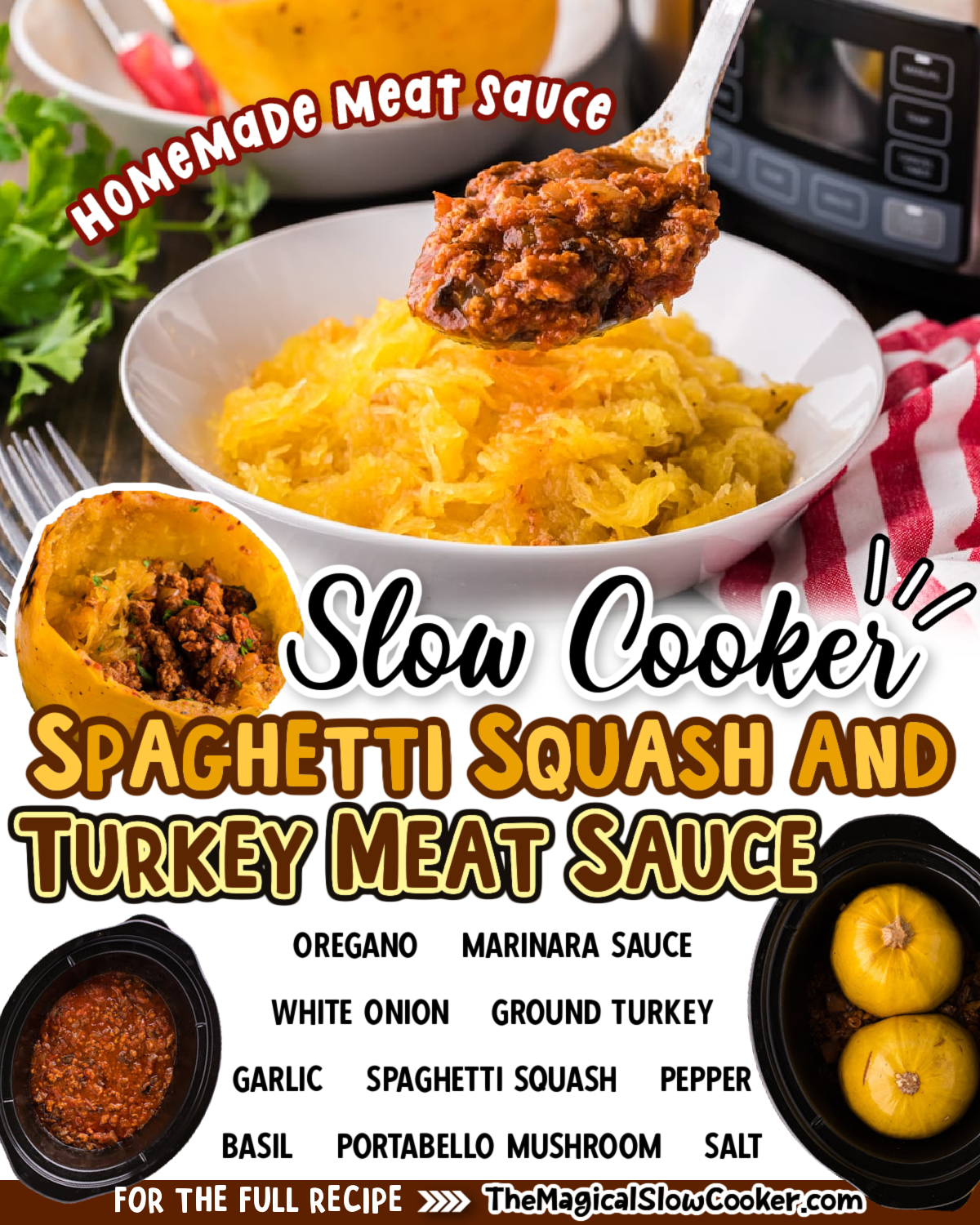 Spaghetti squash and turkey meat sauce images text of the ingredients for facebook and pinterest.