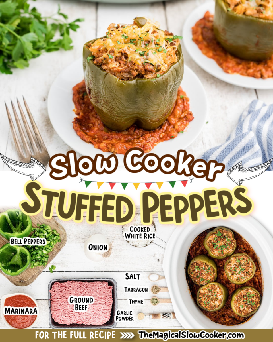 Stuffed peppers images text of the ingredients for facebook and pinterest.