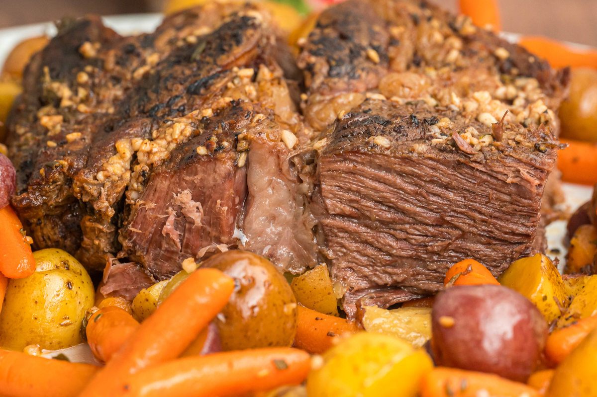 close up of a roast on a platter.