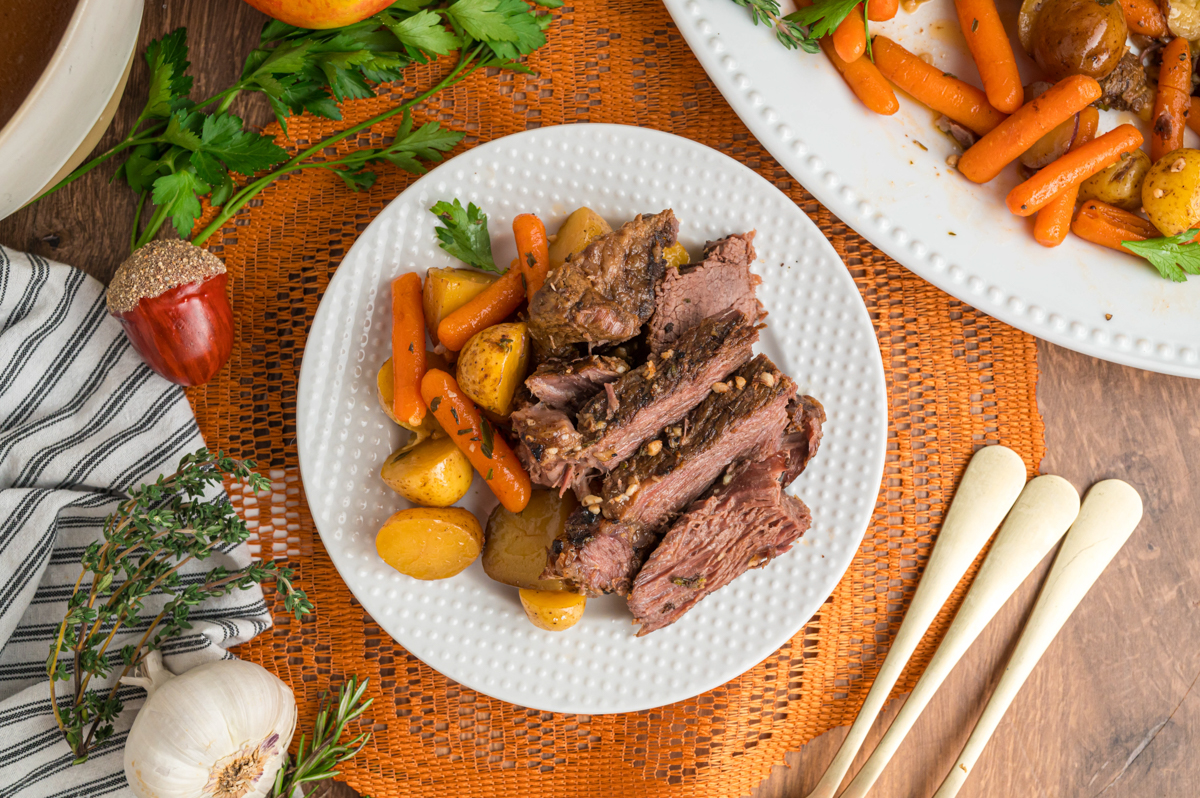 overhead shot of pot roast on a plate.