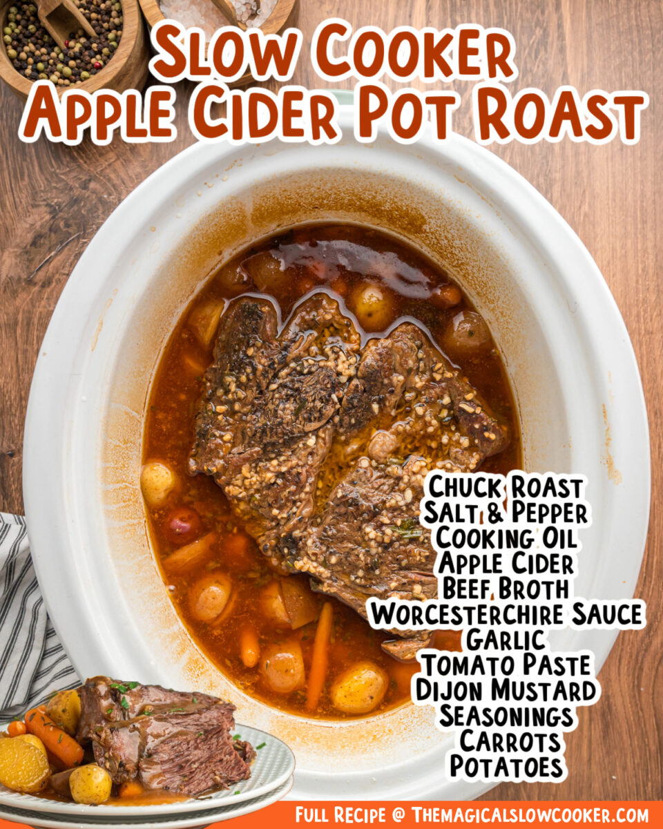 images of apple cider pot roast with text of the ingredients for facebook.