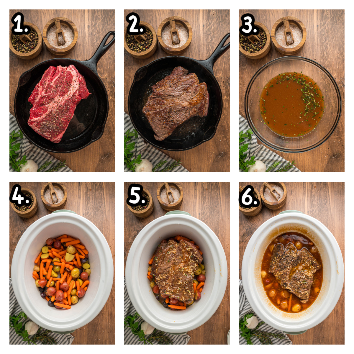 Images showing how to make apple cider pot roast in a crockpot.