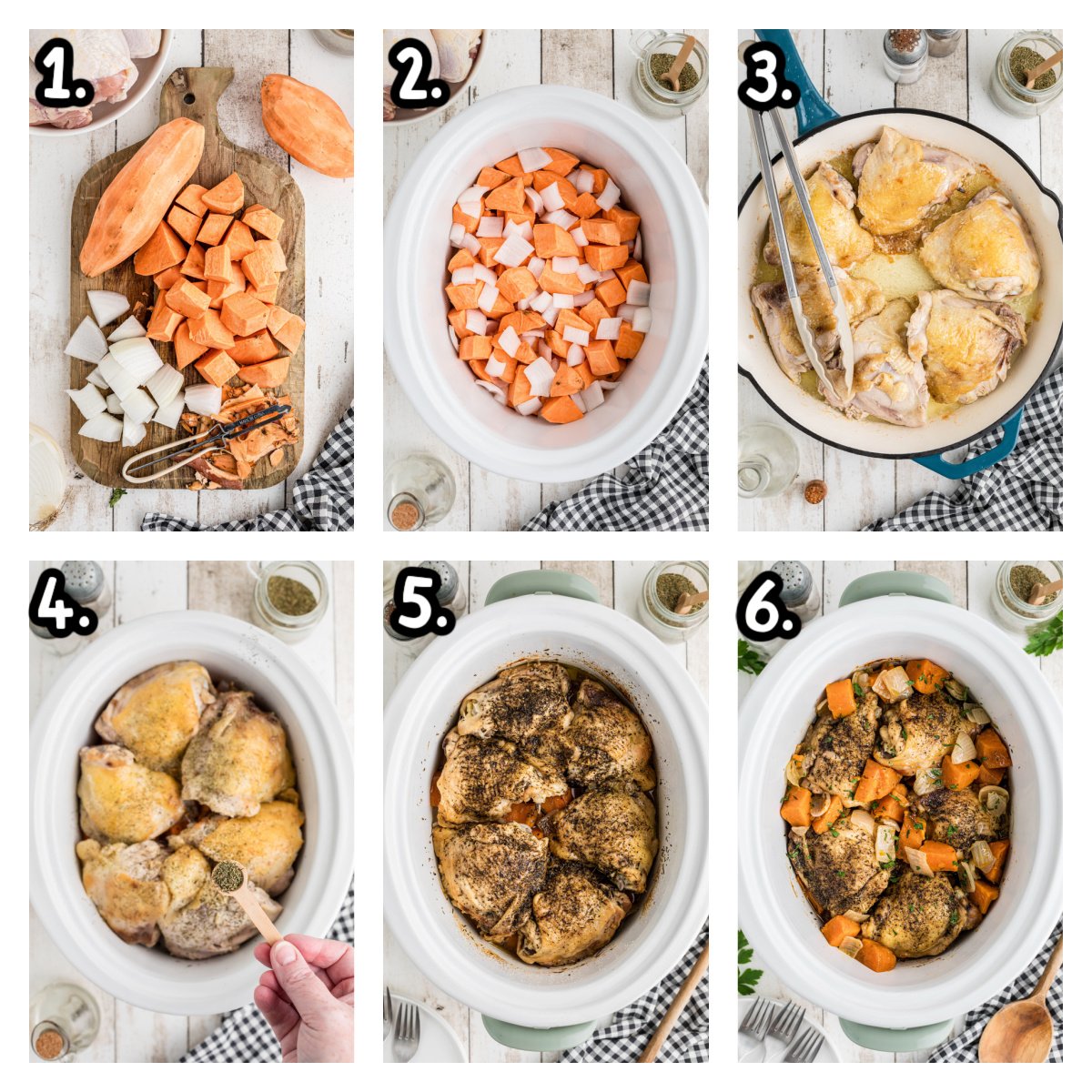 Six images of how to make autumn chicken and sweet potatoes in a slow cooker.