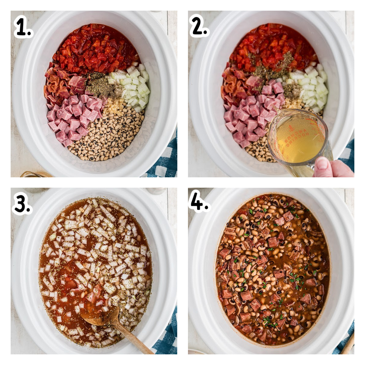 Four images showing how to make black eyed peas in a crockpot.