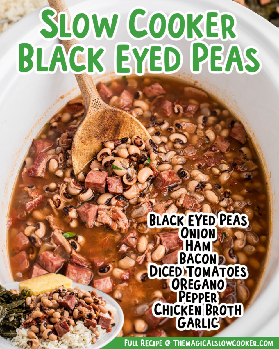 Images of black eyed peas with text overlay of what the ingredients are.