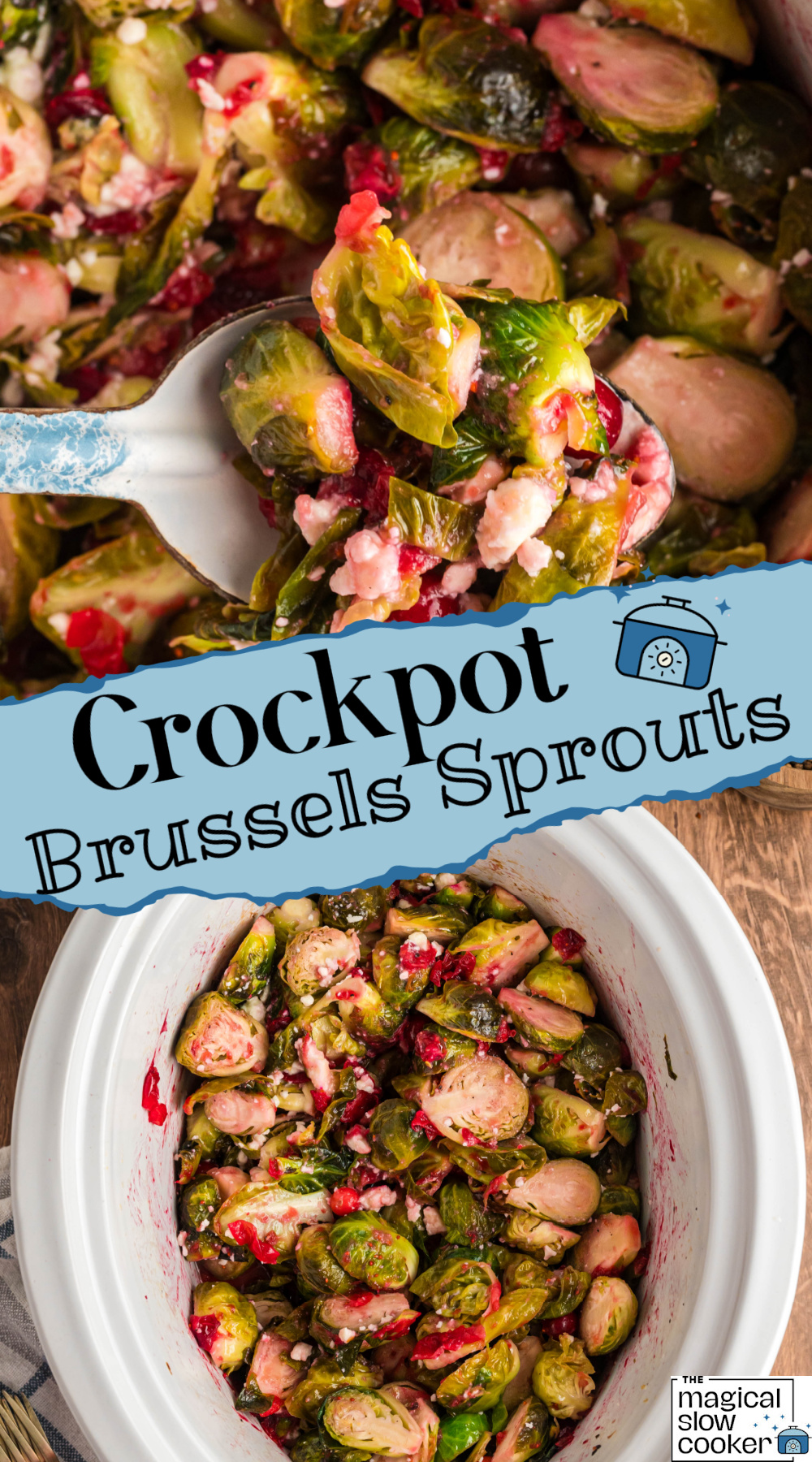 2 images of brussels sprouts in a slow cooker.
