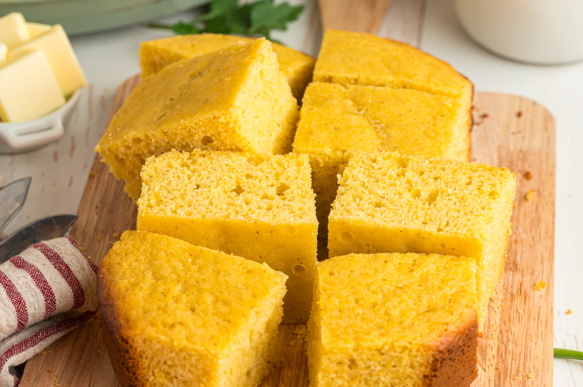 pieces of cornbread on a table.