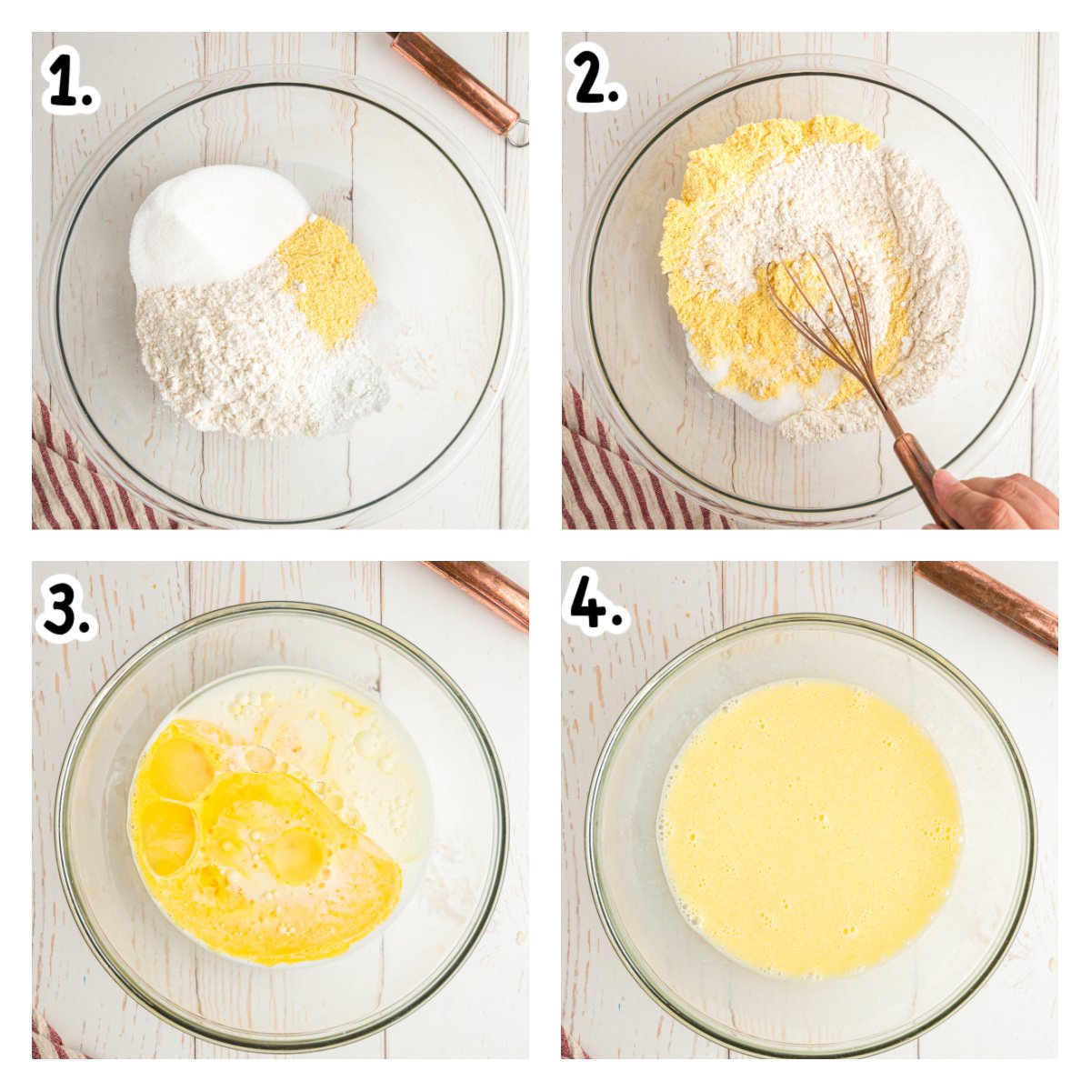 Four images showing how to make the batter for cornbread.