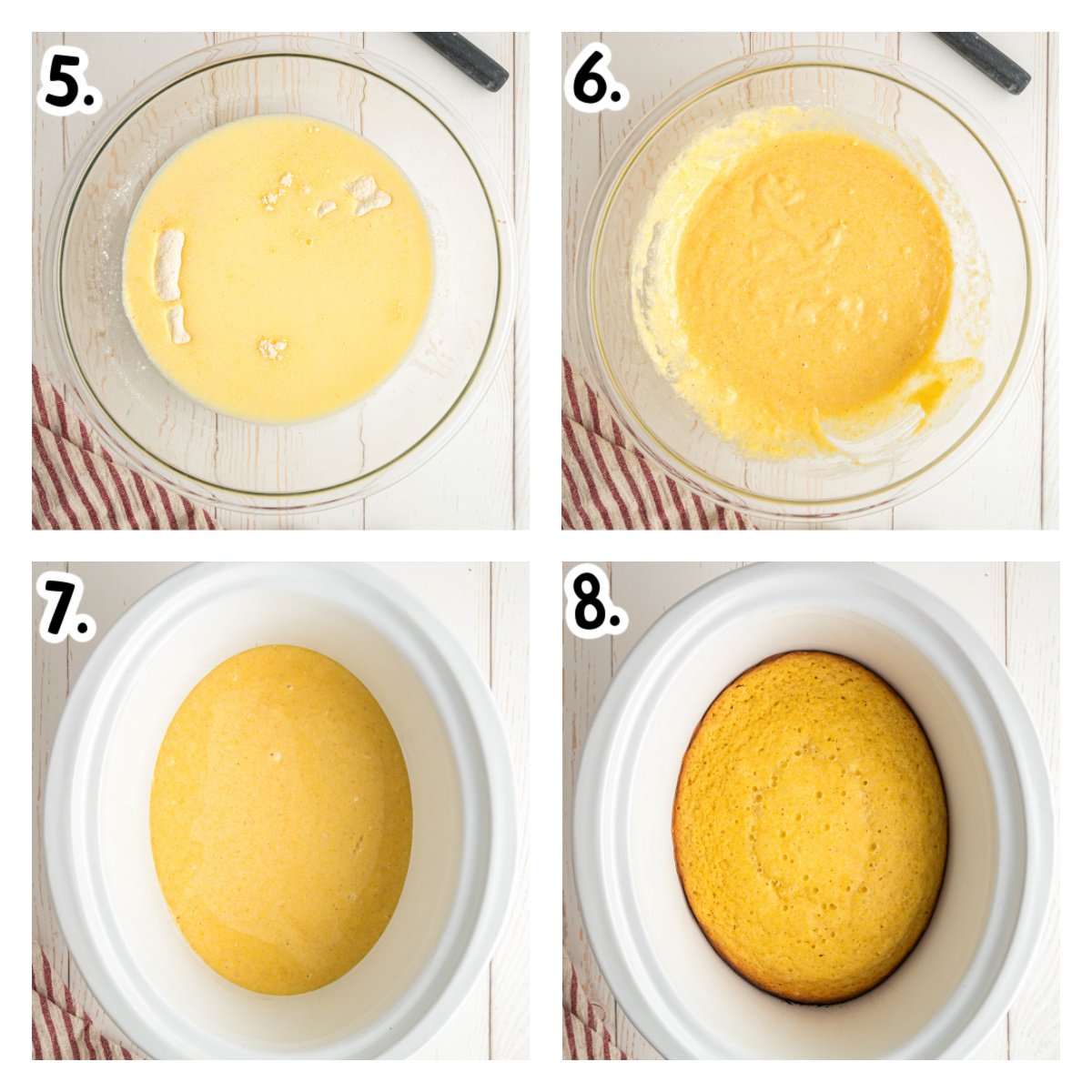 Four images showing how to add batter to slow cooker to make cornbread.