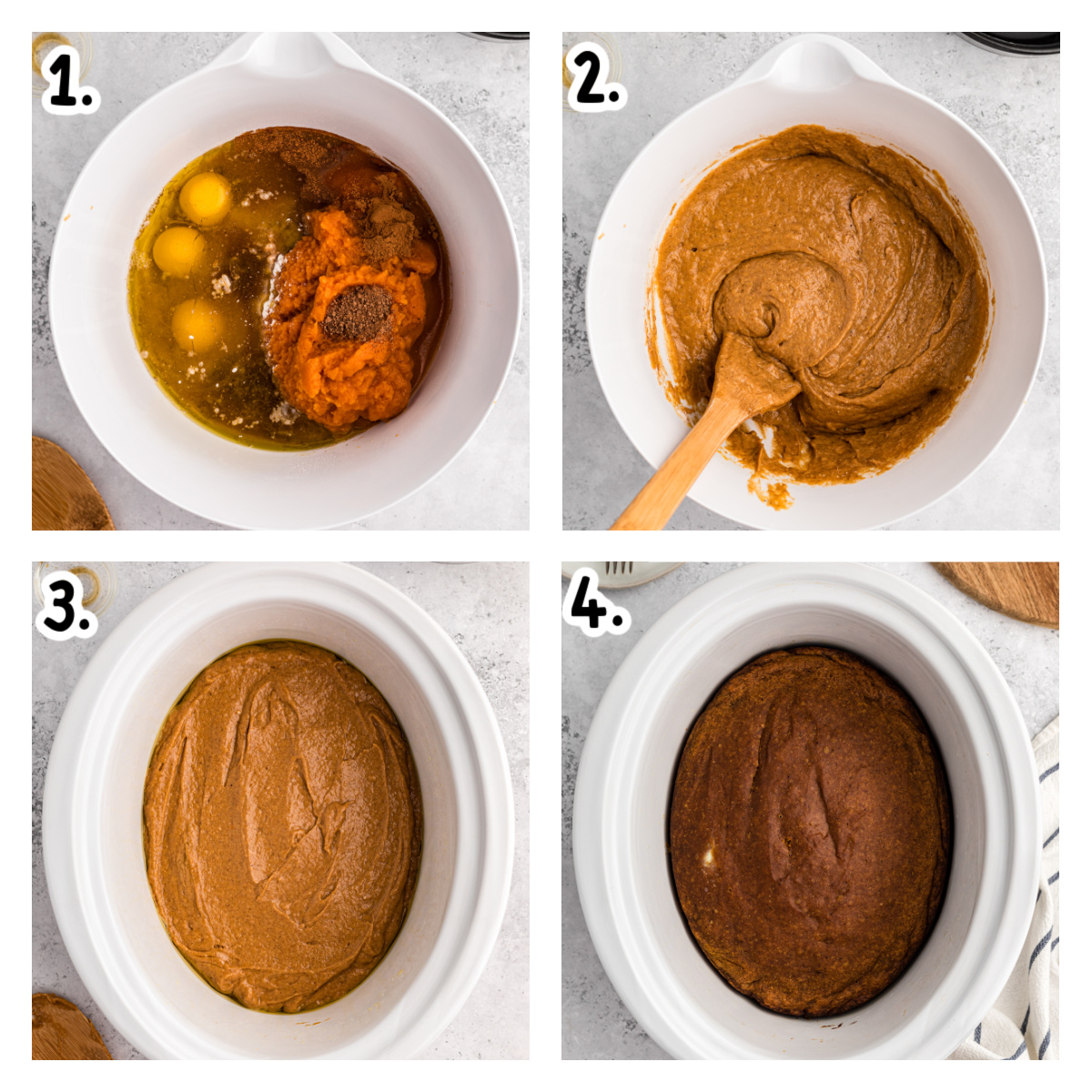Four images showing how to make pumpkin bread in a slow cooker.