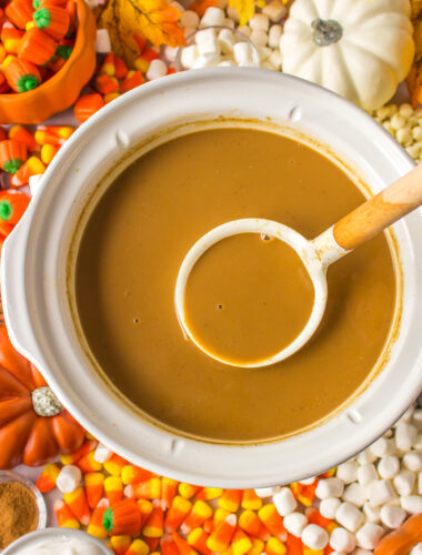 pumpkin spice lattes in a slow cooker with a ladle.