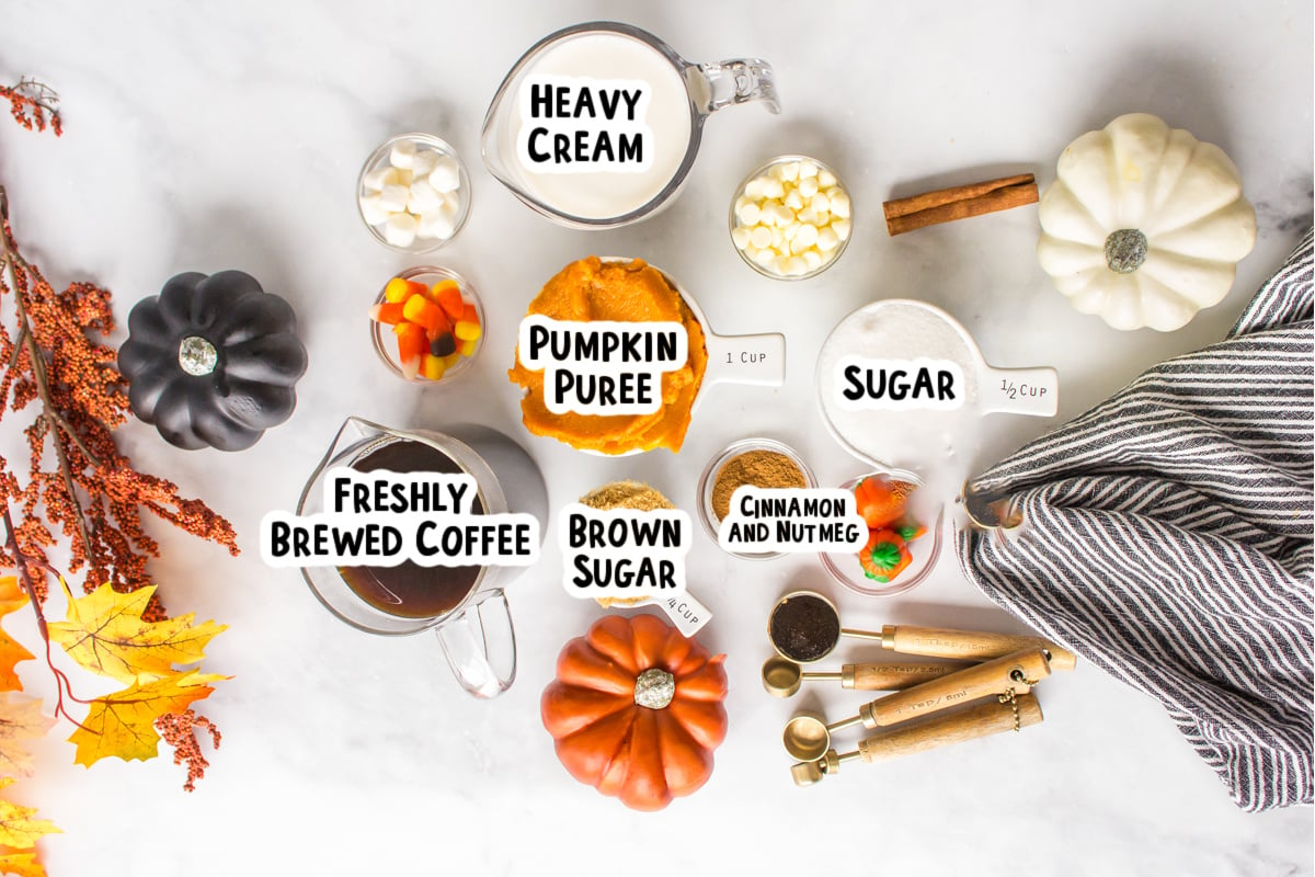 Ingredients for pumpkin spice lattes on a table.