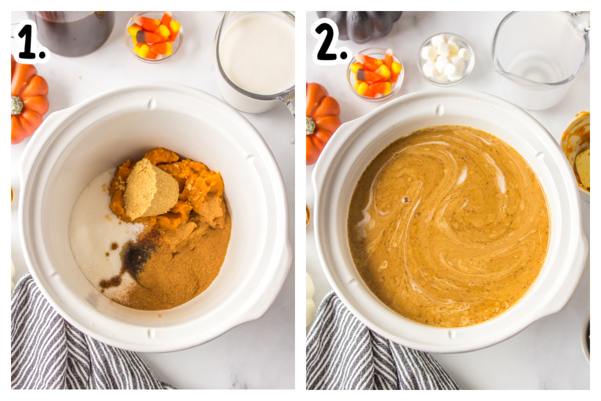 2 images showing how to make pumpkin spice lattes in a slow cooker.