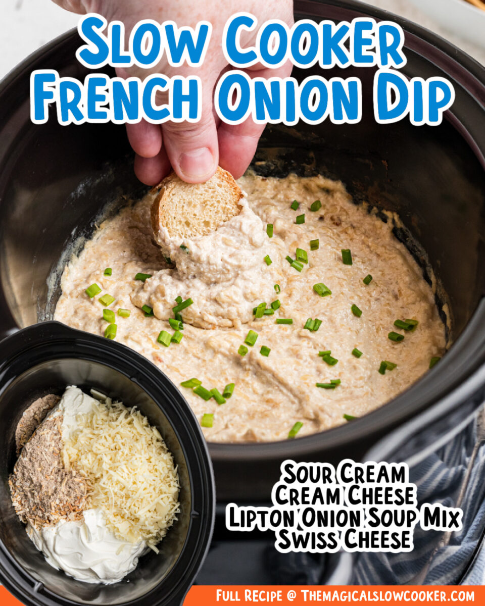 images of french onion dip with text of what the ingredients are.