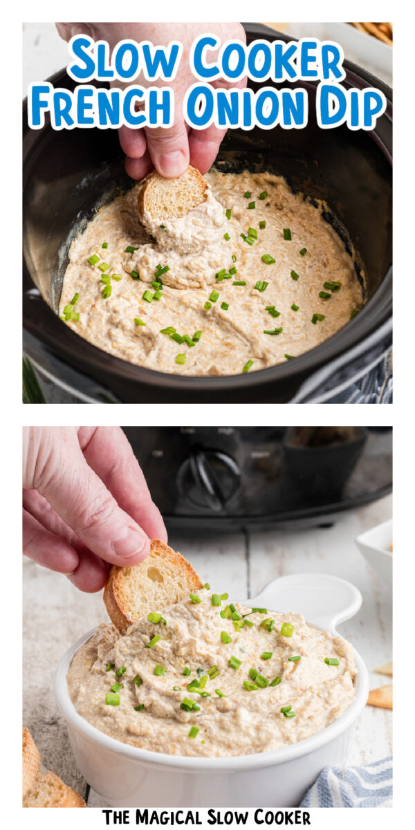 2 images of french onion dip for pinterest.