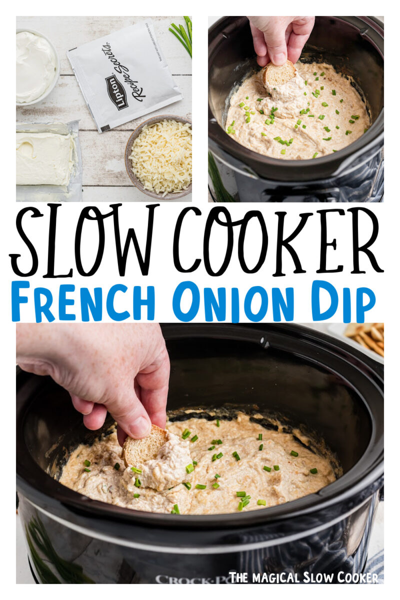 images of french onion dip with text for pinterest.