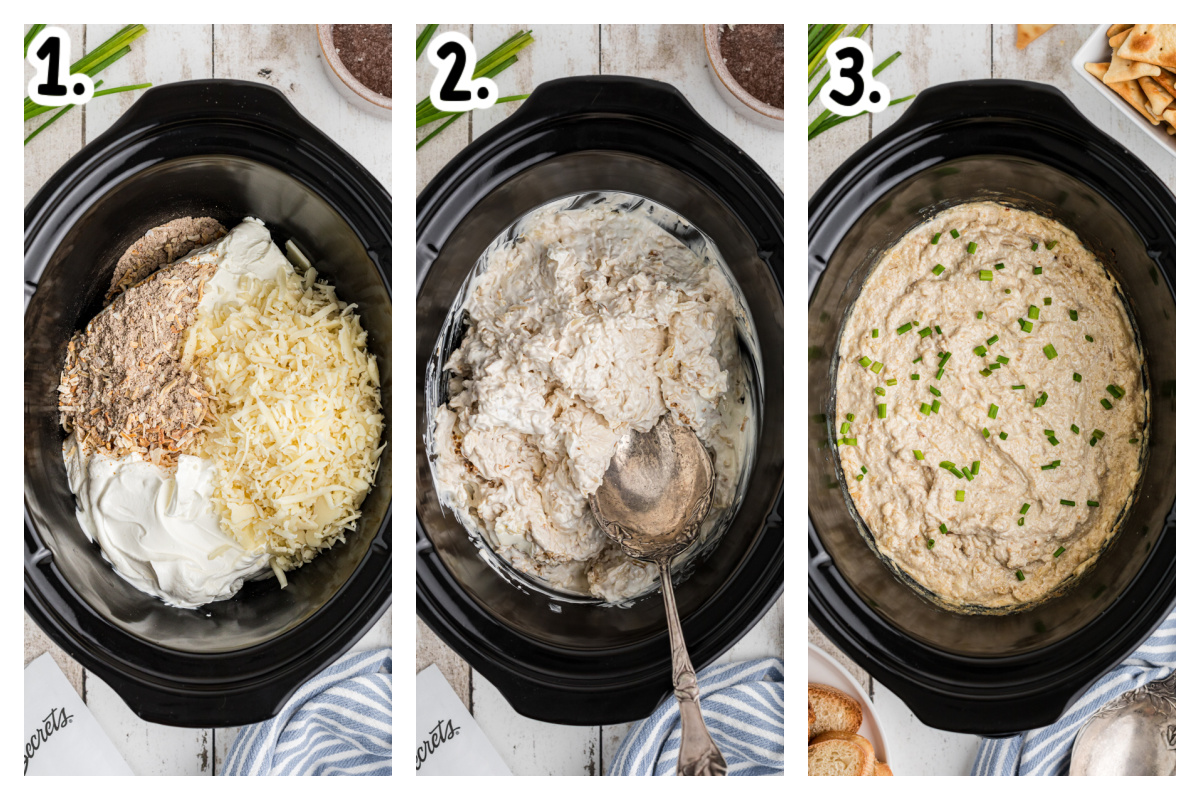 three images showing how to make french onion dip in a slow cooker.