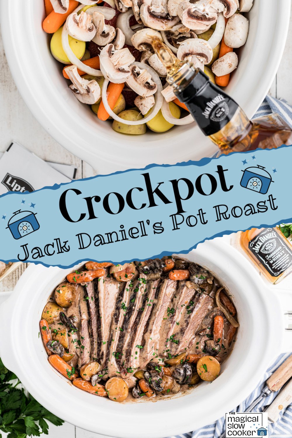 2 images of jack daniels pot roast.