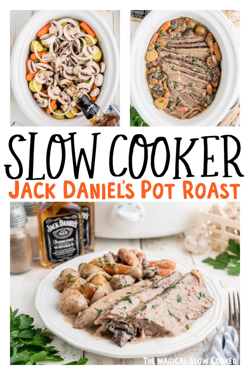Images of jack daniels pot roast with text for pinterest.